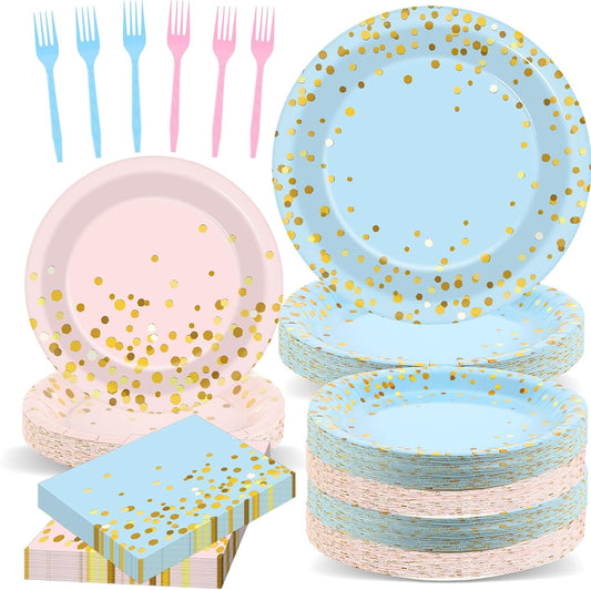 192PCS Gender Reveal Party Supplies Baby Shower Party Tableware Gender Reveal Plates and Napkins Plastic Forks Boys Girls Blue and Pink Paper Plates for Baby Shower Wedding Birthday 48 Guests
