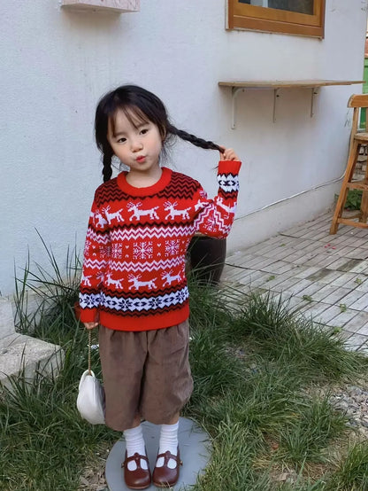 2025 Christmas Women Men Kids Matching Outfits Knit Sweater Jacquard Jumper Long Sleeve Pullover Female Warm Thick Top Xmas Look