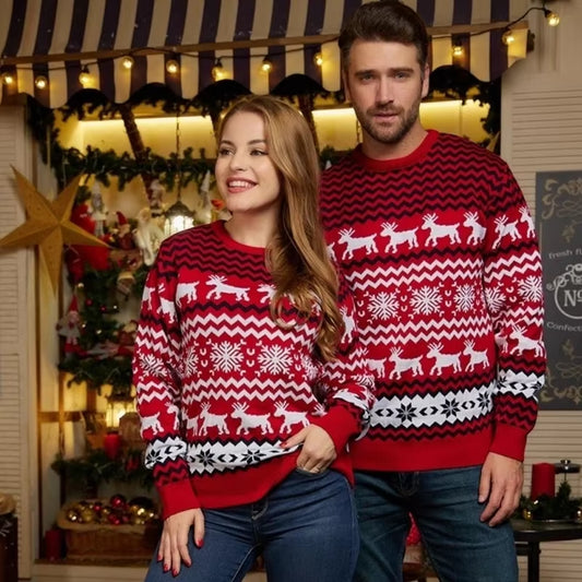 2025 Christmas Women Men Kids Matching Outfits Knit Sweater Jacquard Jumper Long Sleeve Pullover Female Warm Thick Top Xmas Look