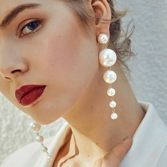 Trendy Elegant Big Simulated Pearl Long Wedding Party Statement Drop Earrings