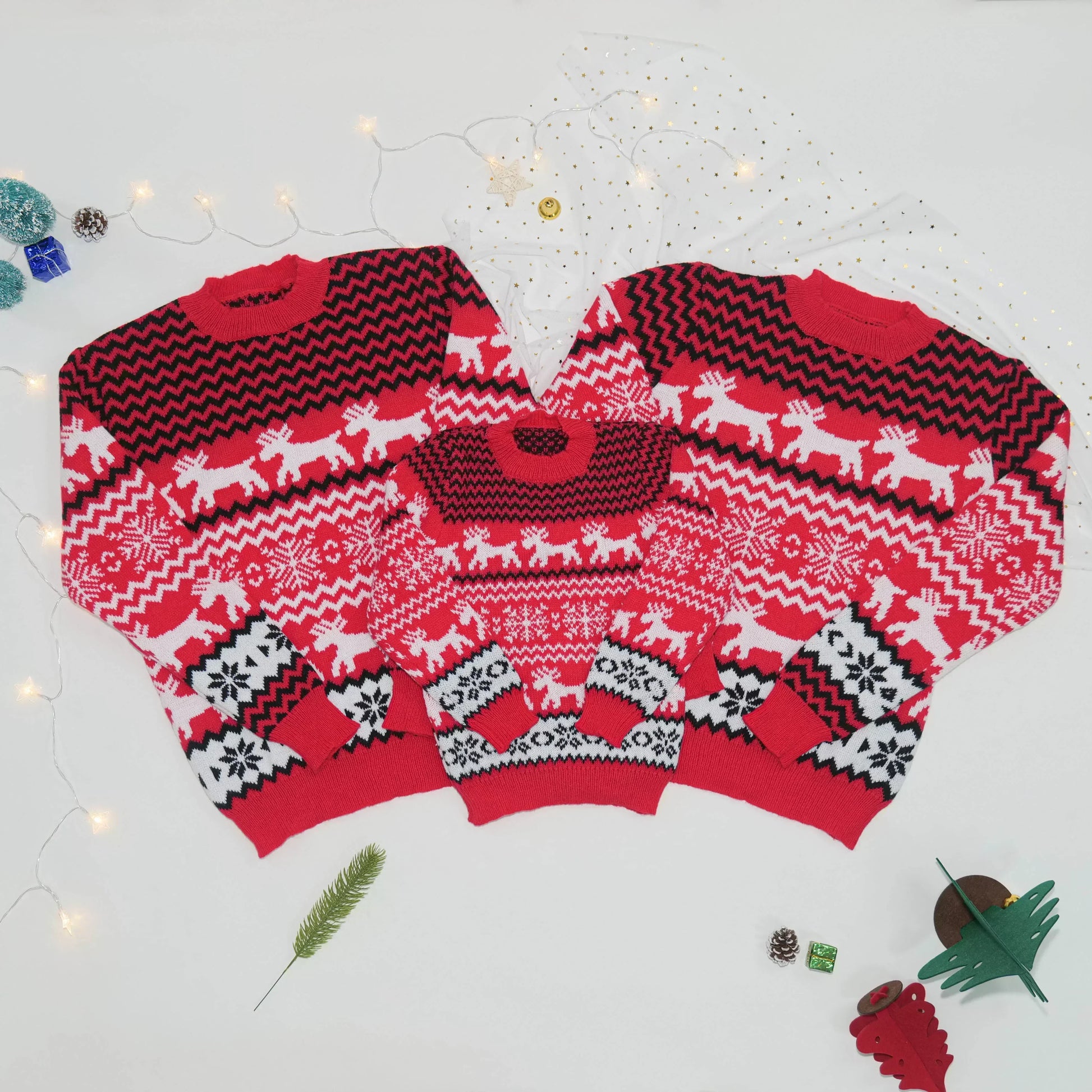 2025 Christmas Women Men Kids Matching Outfits Knit Sweater Jacquard Jumper Long Sleeve Pullover Female Warm Thick Top Xmas Look