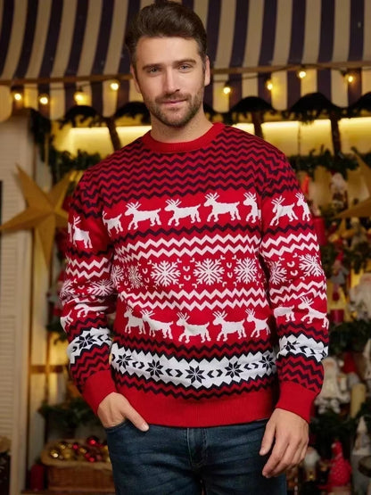 2025 Christmas Women Men Kids Matching Outfits Knit Sweater Jacquard Jumper Long Sleeve Pullover Female Warm Thick Top Xmas Look