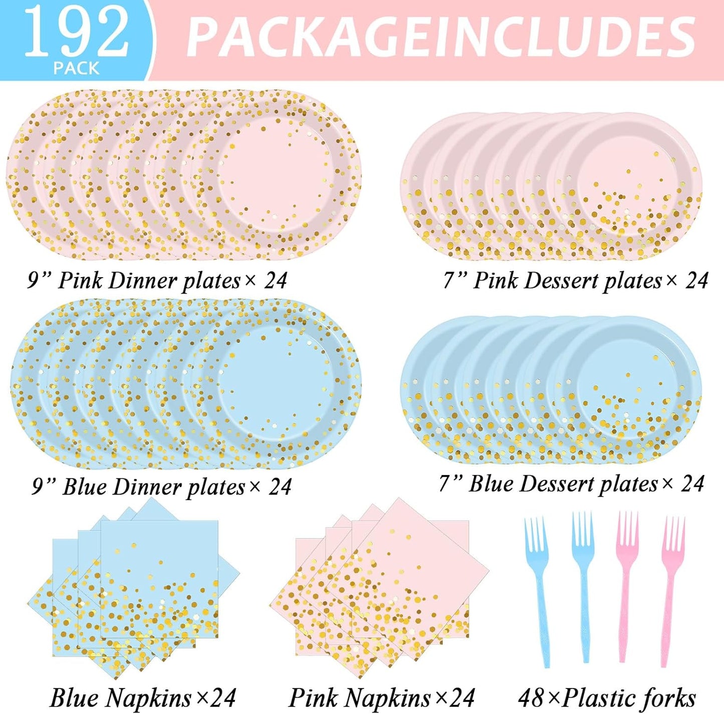 192PCS Gender Reveal Party Supplies Baby Shower Party Tableware Gender Reveal Plates and Napkins Plastic Forks Boys Girls Blue and Pink Paper Plates for Baby Shower Wedding Birthday 48 Guests