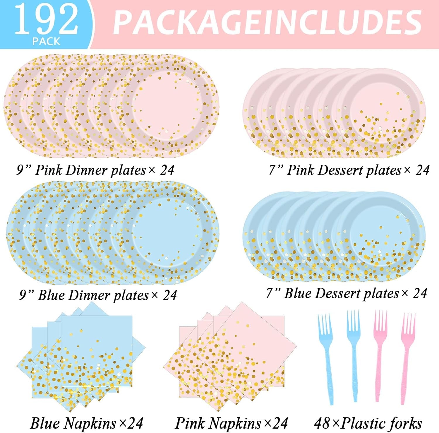 192PCS Gender Reveal Party Supplies Baby Shower Party Tableware Gender Reveal Plates and Napkins Plastic Forks Boys Girls Blue and Pink Paper Plates for Baby Shower Wedding Birthday 48 Guests