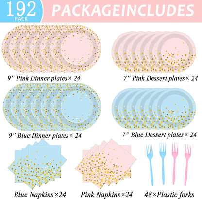 192PCS Gender Reveal Party Supplies Baby Shower Party Tableware Gender Reveal Plates and Napkins Plastic Forks Boys Girls Blue and Pink Paper Plates for Baby Shower Wedding Birthday 48 Guests